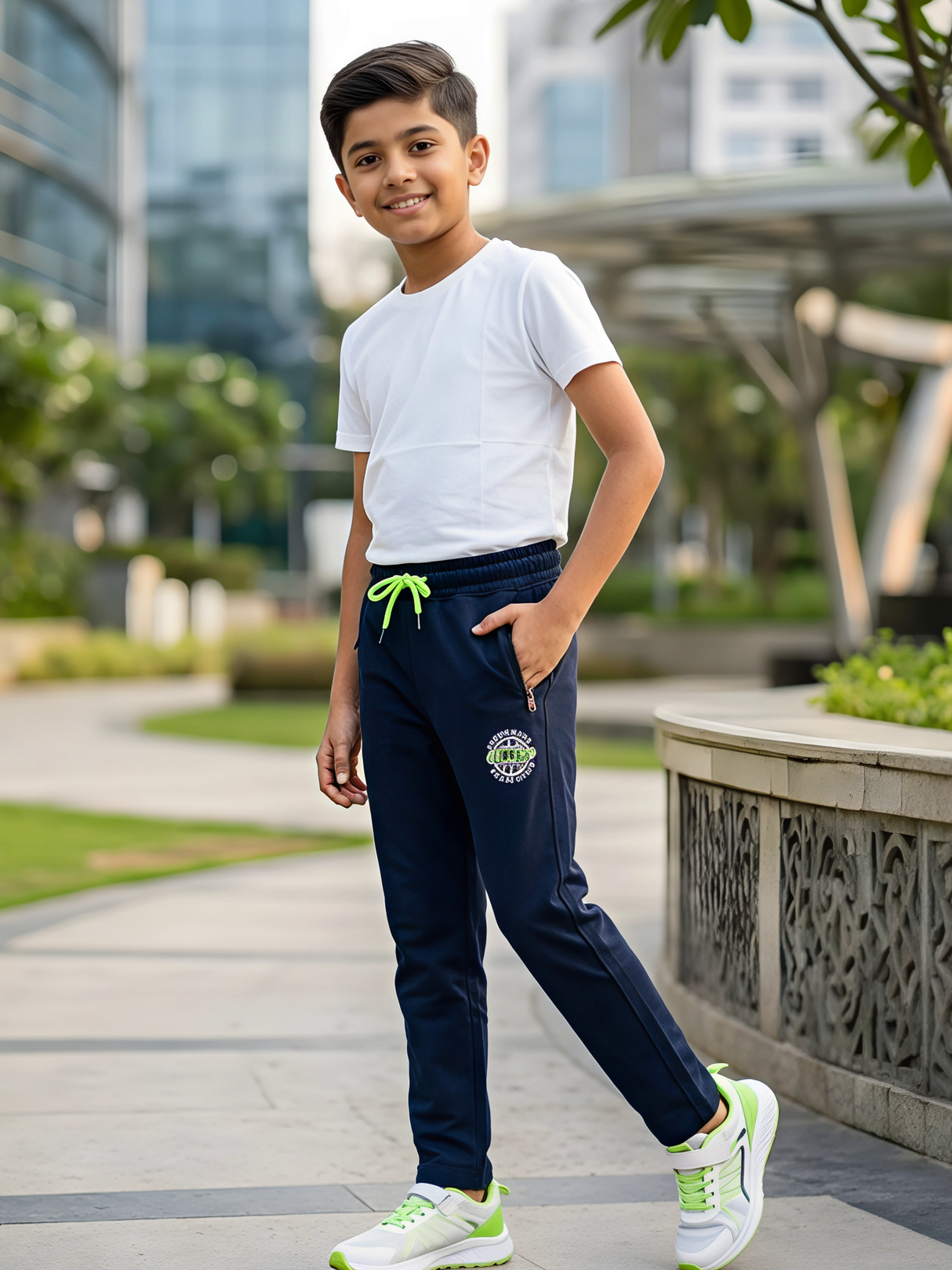 Boys' Comfortable Navy Blue Athletic Track Pants with Neon Accents