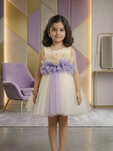Girls' Cream & Lavender Sleeveless Tulle Party Frock with 3D Flower Bodice.