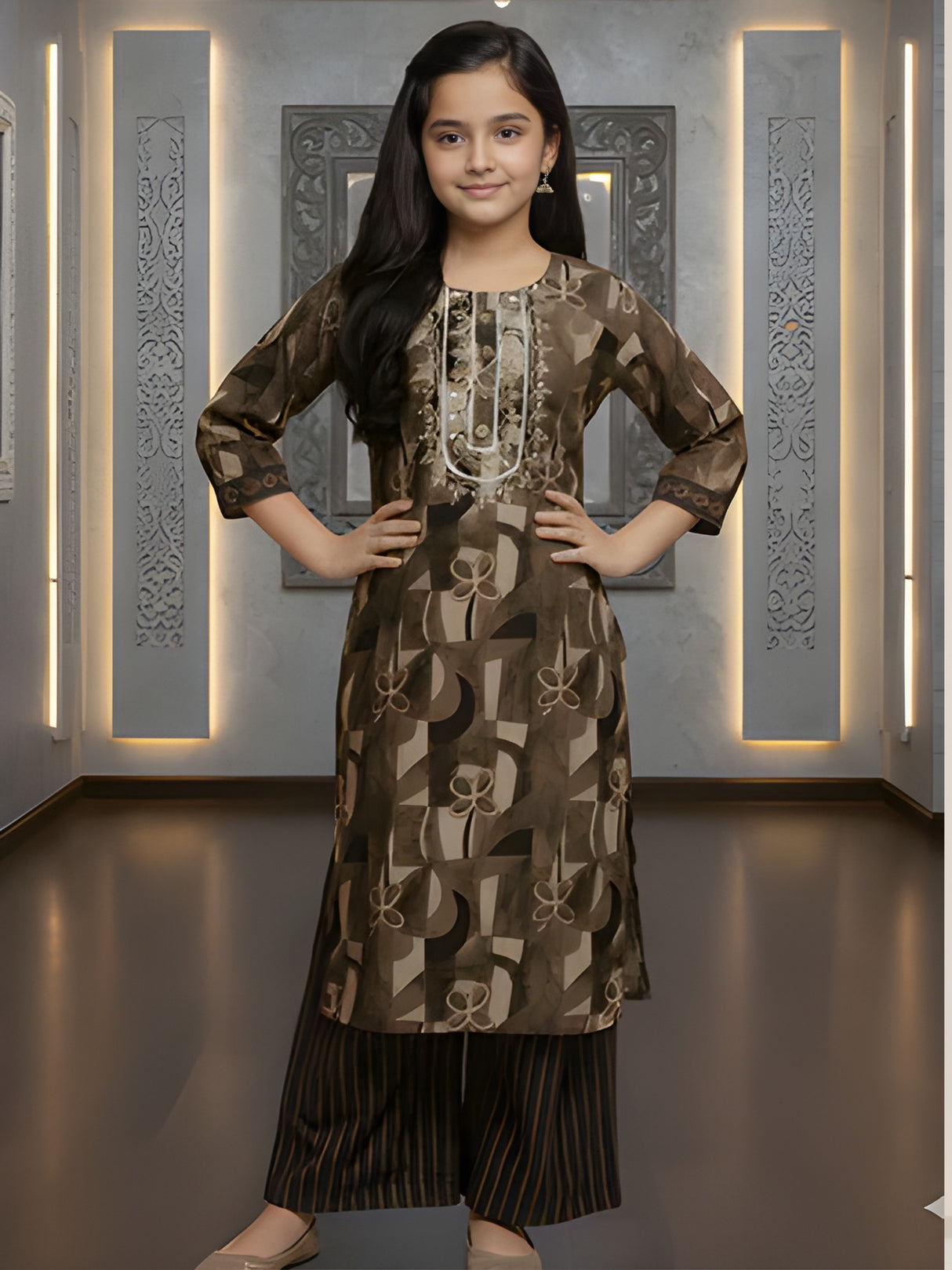 Girls' Festive Olive Green Tunic and Palazzo Set