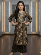 Girls' Festive Olive Green Tunic and Palazzo Set