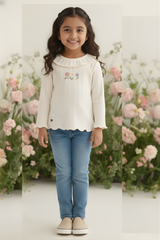 Girls' Cream Ruffled Ribbed Long-Sleeve Embroidered Top
