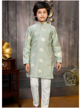 Boys' Olive Green Kurta Pyjama Set with Gold Brocade Waistcoat (3-Piece)