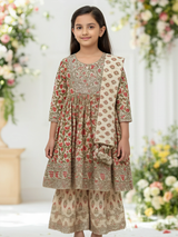 Girls' Elegant Cream Block Print Kurti, Sharara, and Dupatta Set with Heavy Embroidery