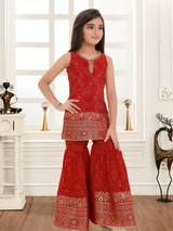 Girls' Red and Gold Bandhani Print Sharara Set with Sleeveless Kurta