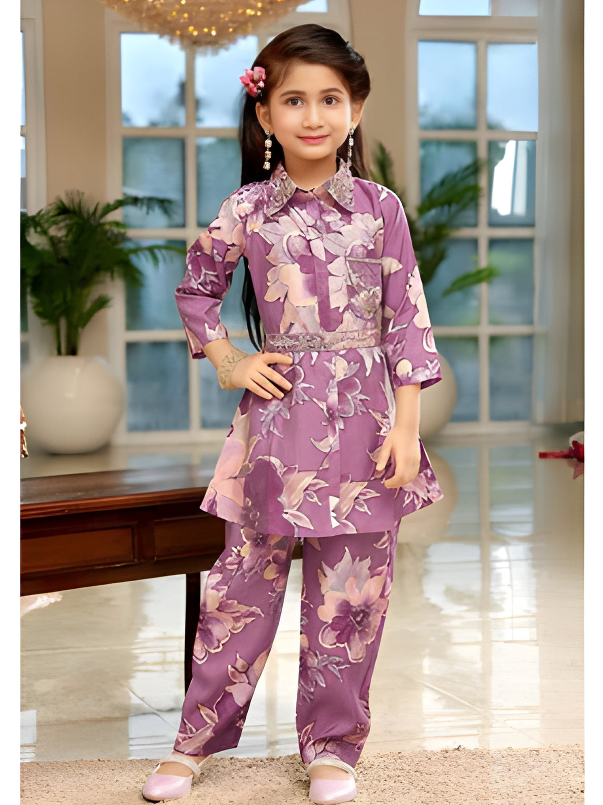 Girls Lavender Floral Print Collared Tunic and Trouser Set