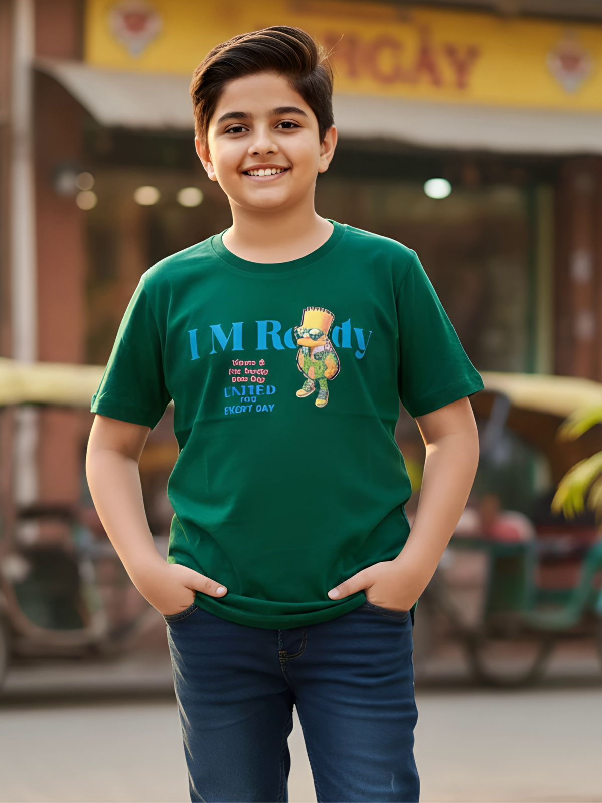 Boys' Casual Green Graphic Print Cotton T-Shirt
