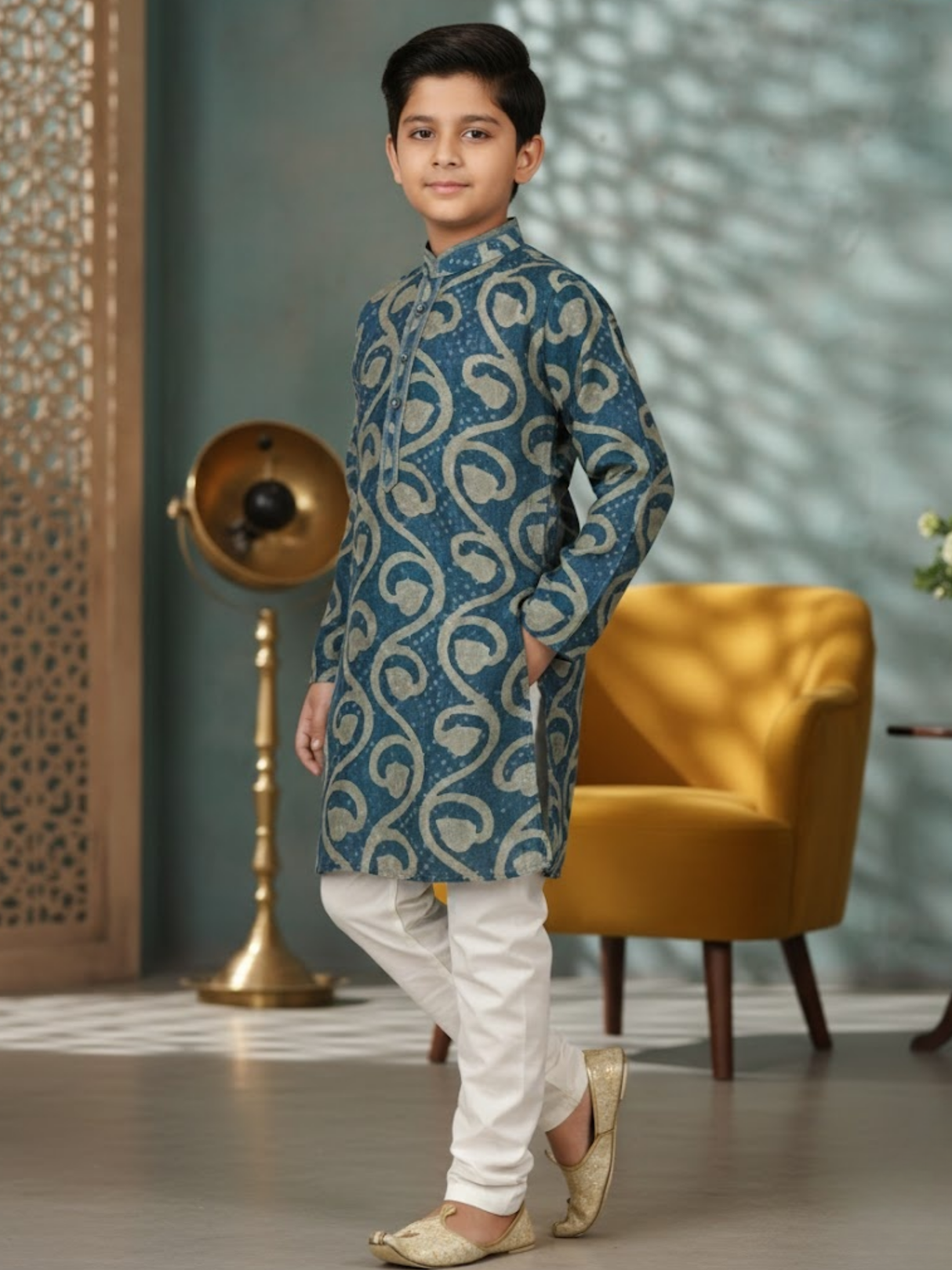Boys Blue Scroll Print Cotton Kurta Set