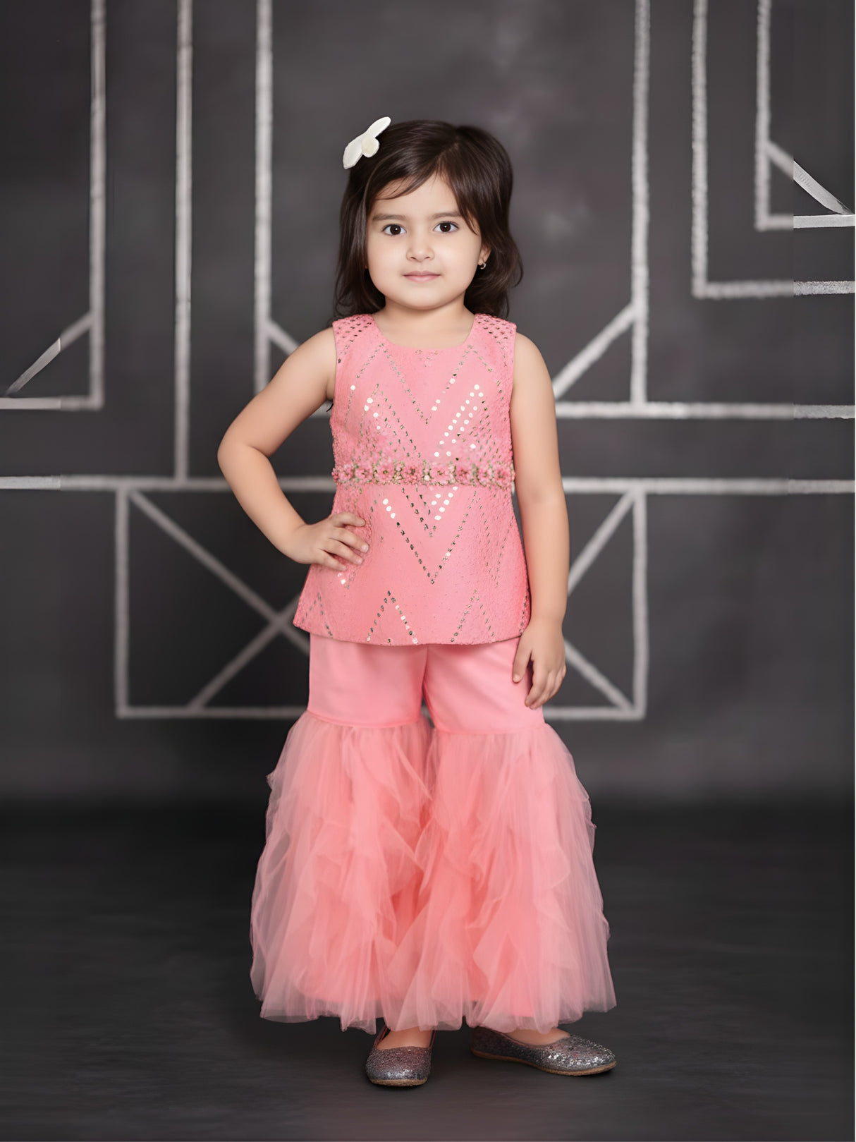 Girls Traditional Sleeves Less Sharara Set - Pink