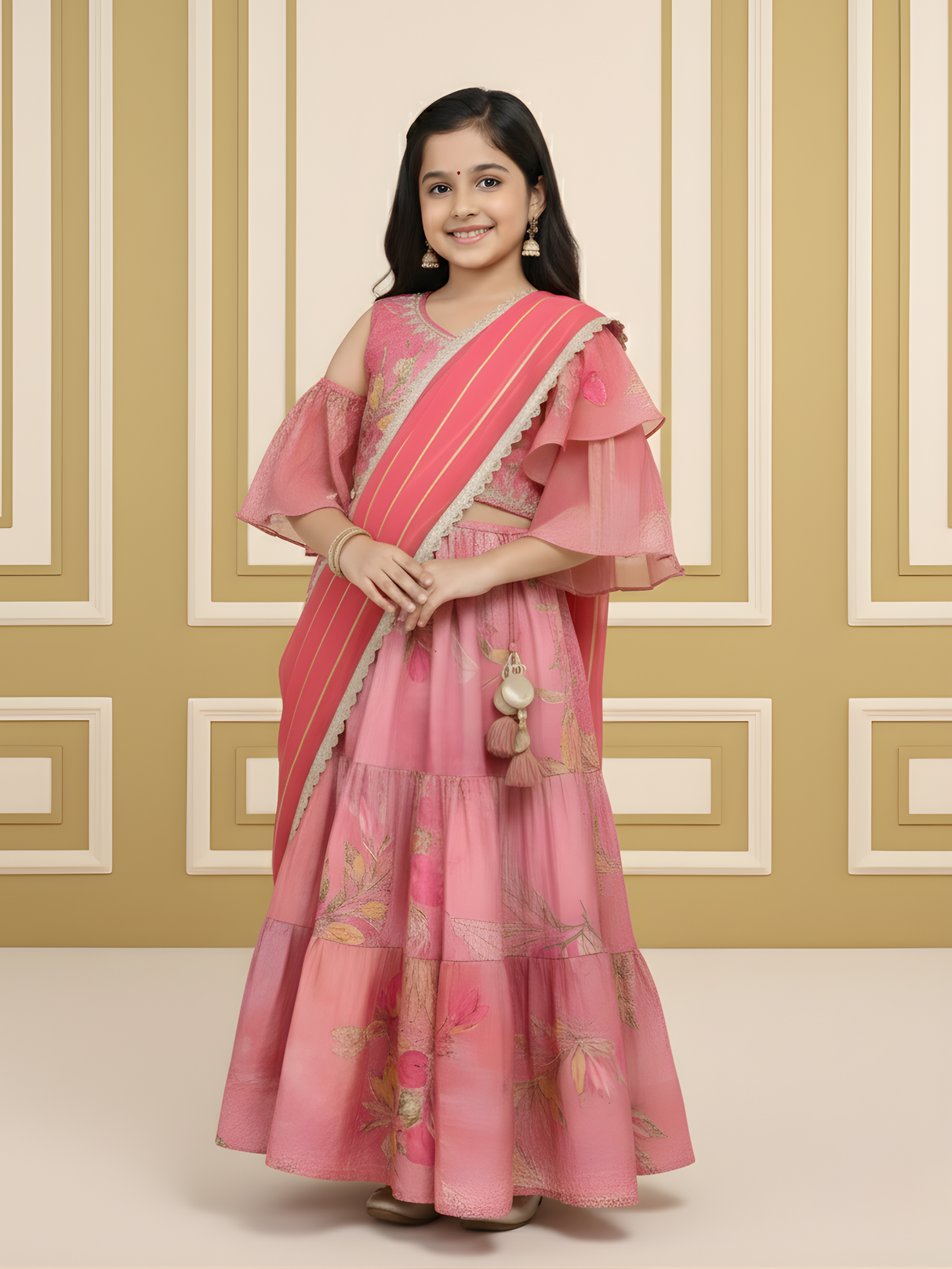 Girls' Peach and Rani Pink Tiered Lehenga Choli with Ruffle Sleeve