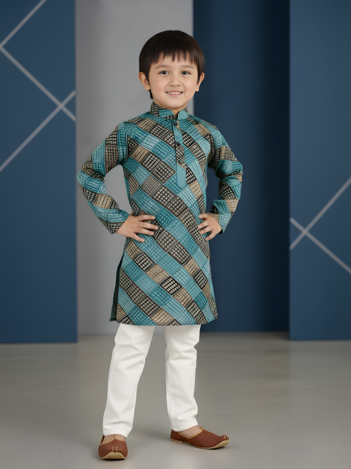 Boys Traditional Printed Chudidar Kurta Set - Blue