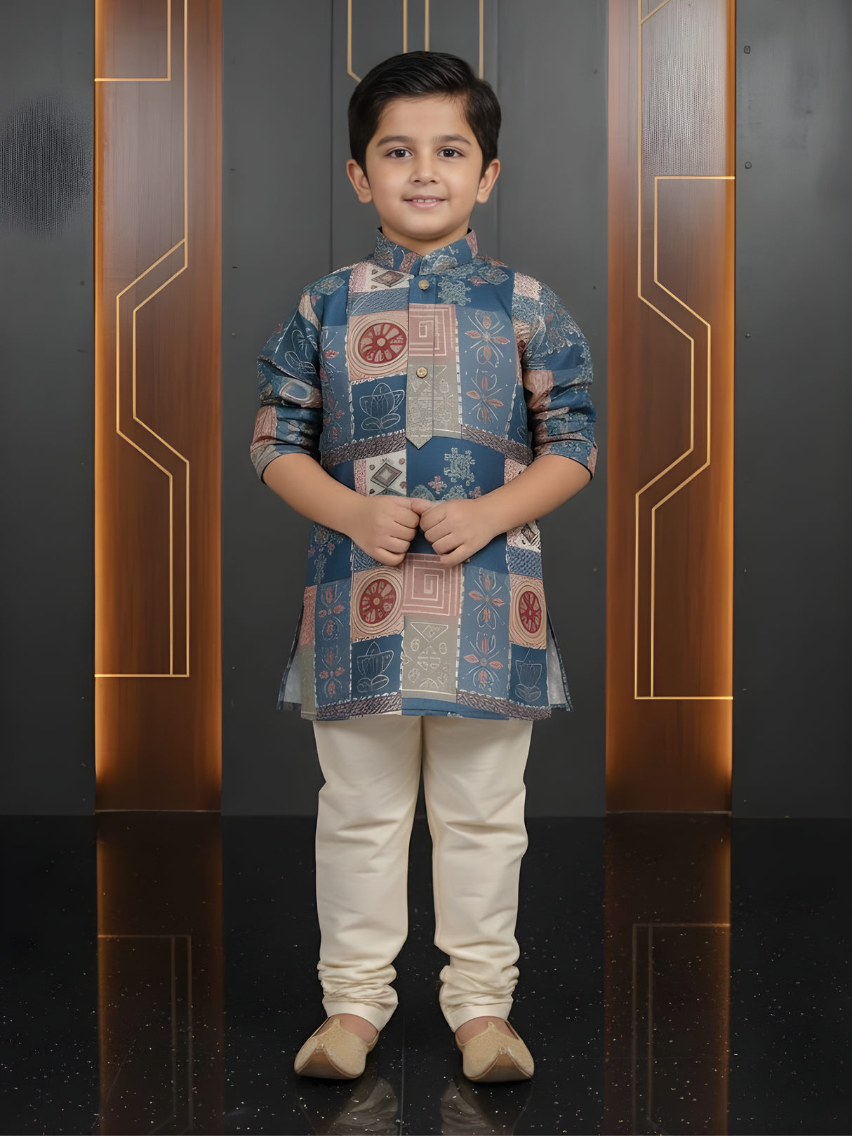 Boys Teal Blue Geometric Print Kurta with Cream Pajama Set