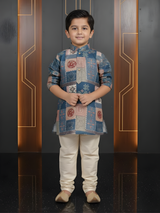 Boys Teal Blue Geometric Print Kurta with Cream Pajama Set