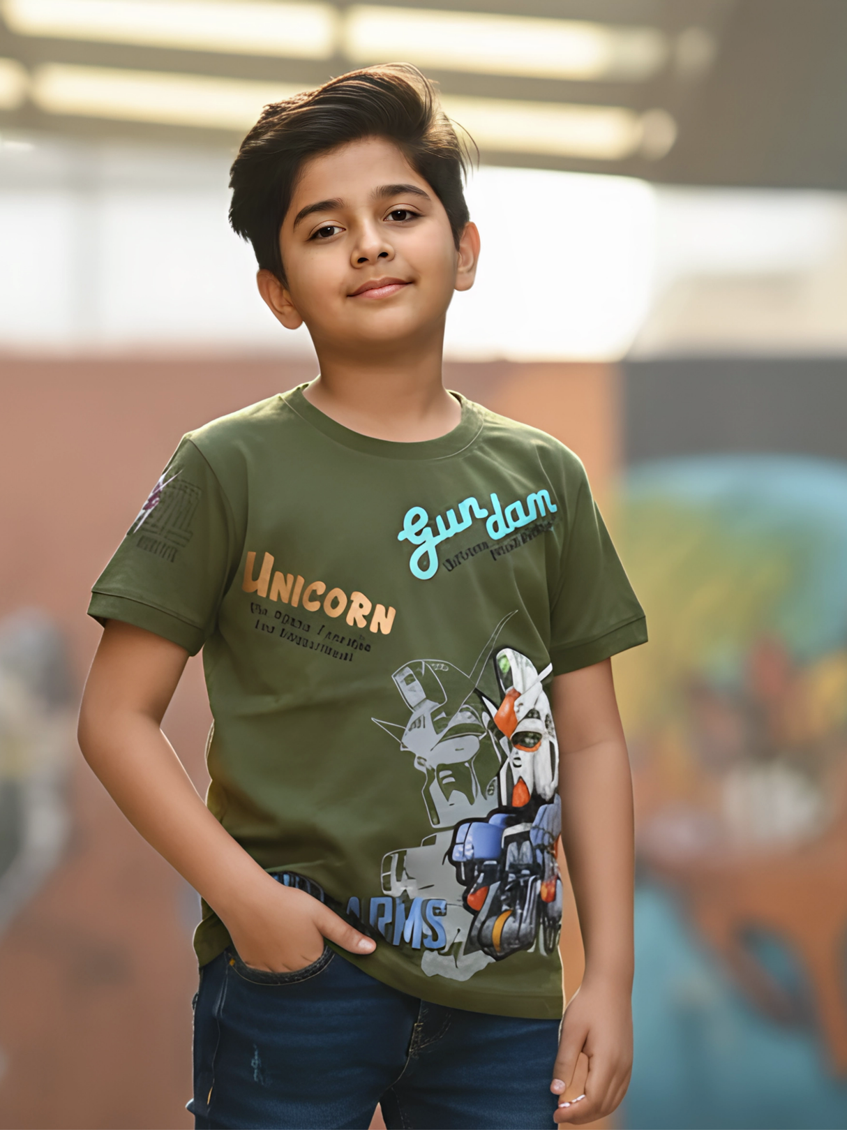 Boys' Olive Green Unicorn Gundam Graphic T-Shirt