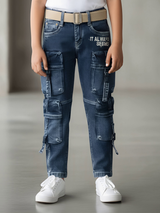 Boys Rugged Blue Multi-Pocket Cargo Jeans
