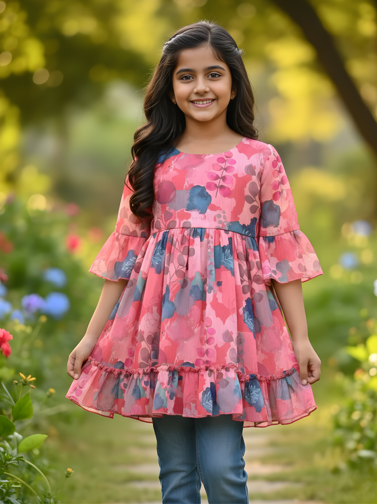 Rosewater Garden Pink Floral Ruffle Frock for Girls