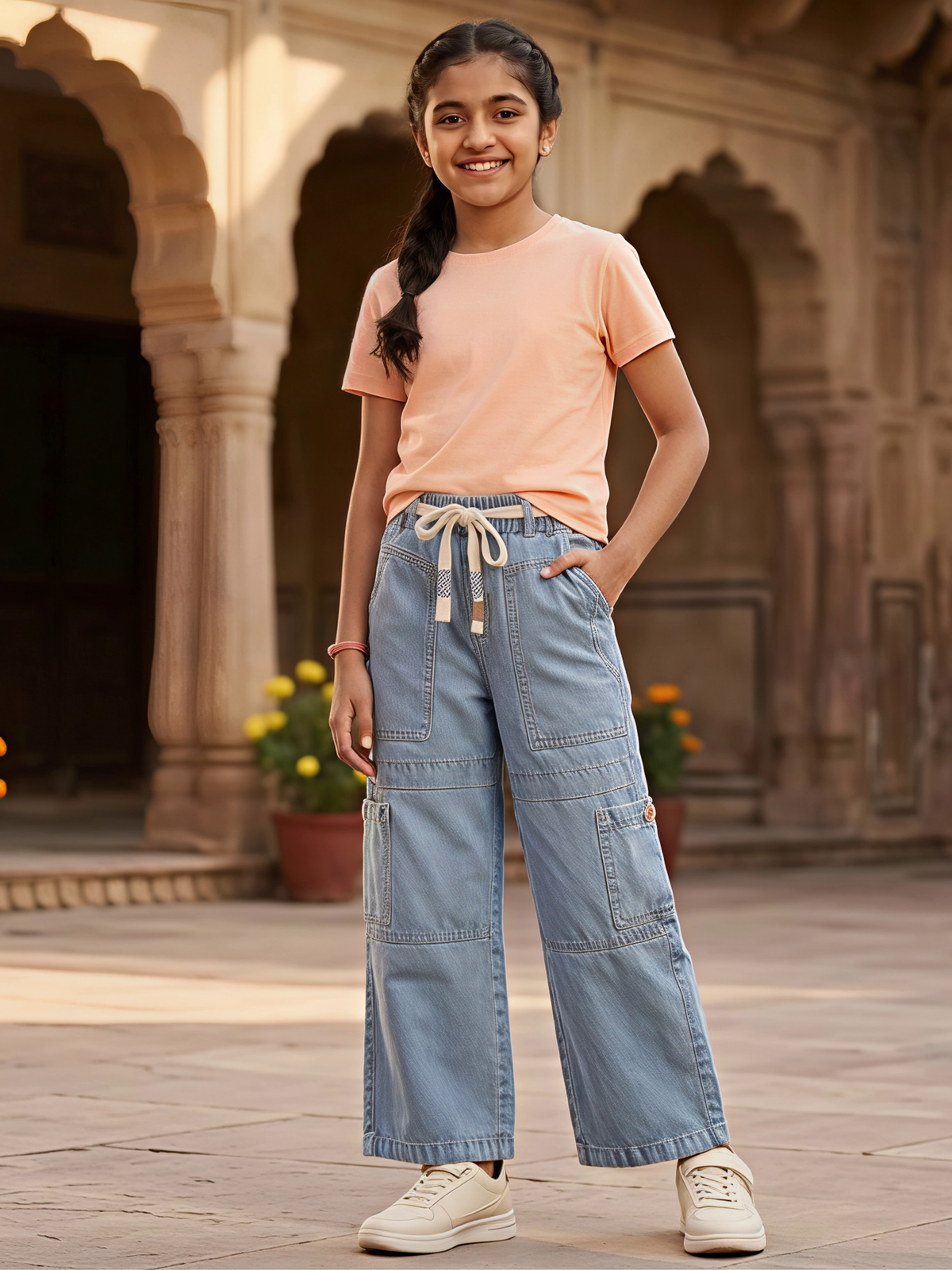 Girls Light Blue Wide-Leg Cargo Jeans with Drawstring Waist