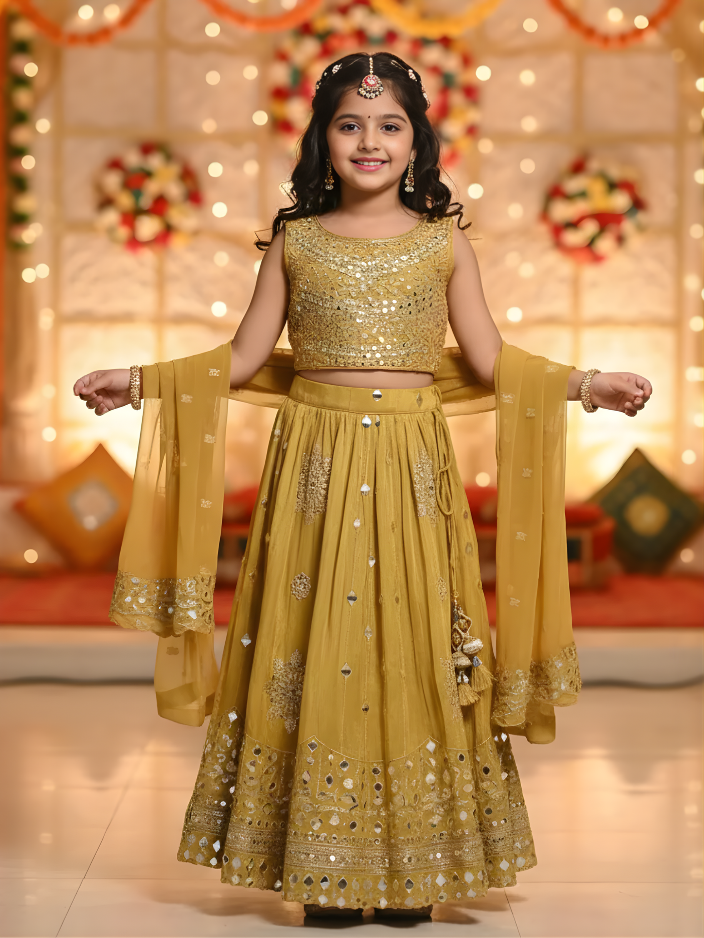 Girls Mustard Yellow Mirrored Lehenga Choli Set with Dupatta