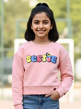 Girls Vibrant "BESTIE" Graphic Print Pink Full Sleeve Sweatshirt