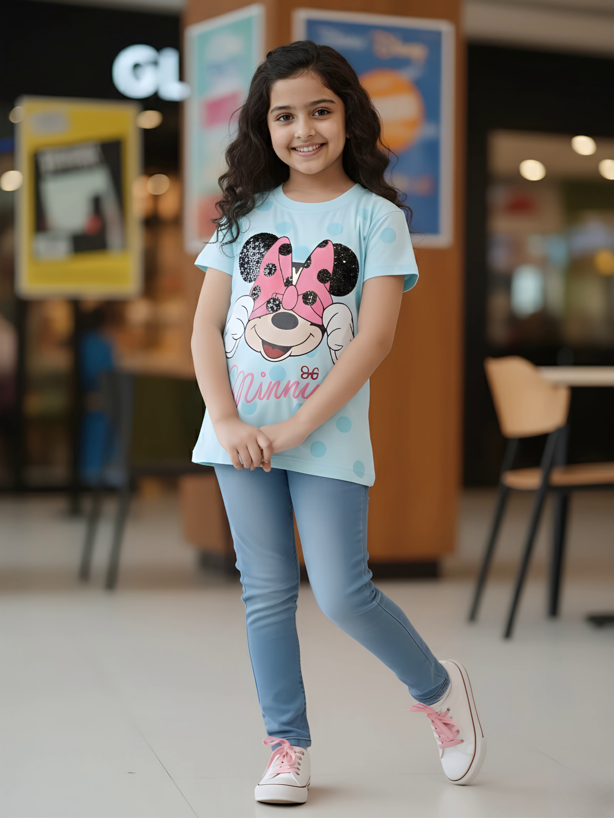 Girl's Disney Minnie Mouse Print Blue Cotton Tops