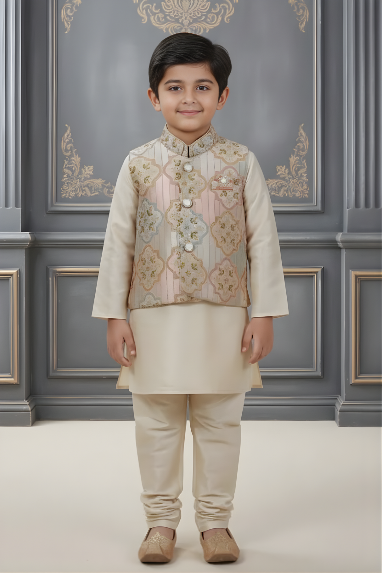 Boys' Cream Silk-Blend Kurta Set with Pastel Floral Nehru Jacket