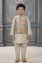 Boys' Cream Silk-Blend Kurta Set with Pastel Floral Nehru Jacket