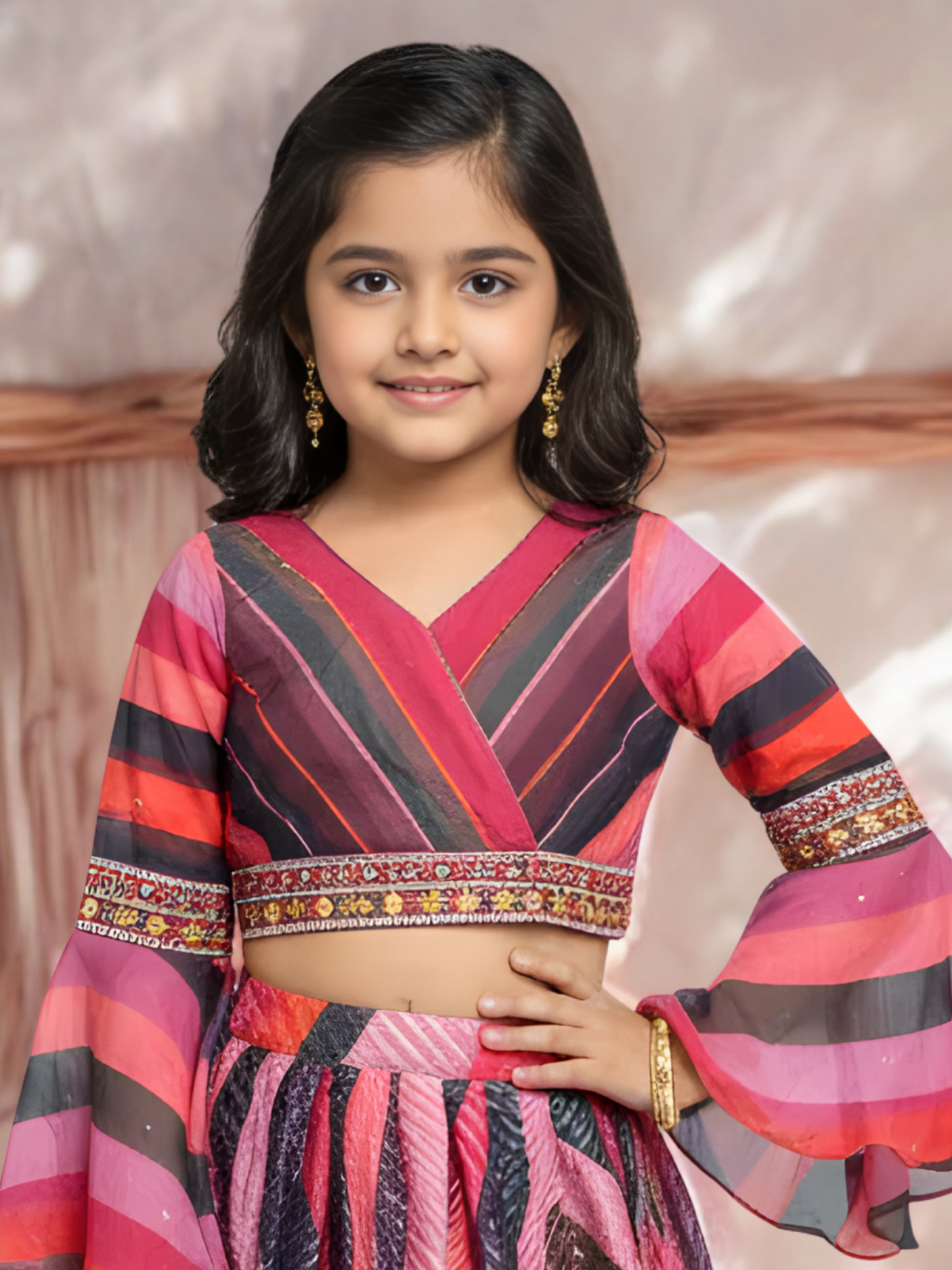 Girls' Purple and Black Sunburst Print Wrap-Style Lehenga Choli Set