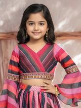 Girls' Purple and Black Sunburst Print Wrap-Style Lehenga Choli Set