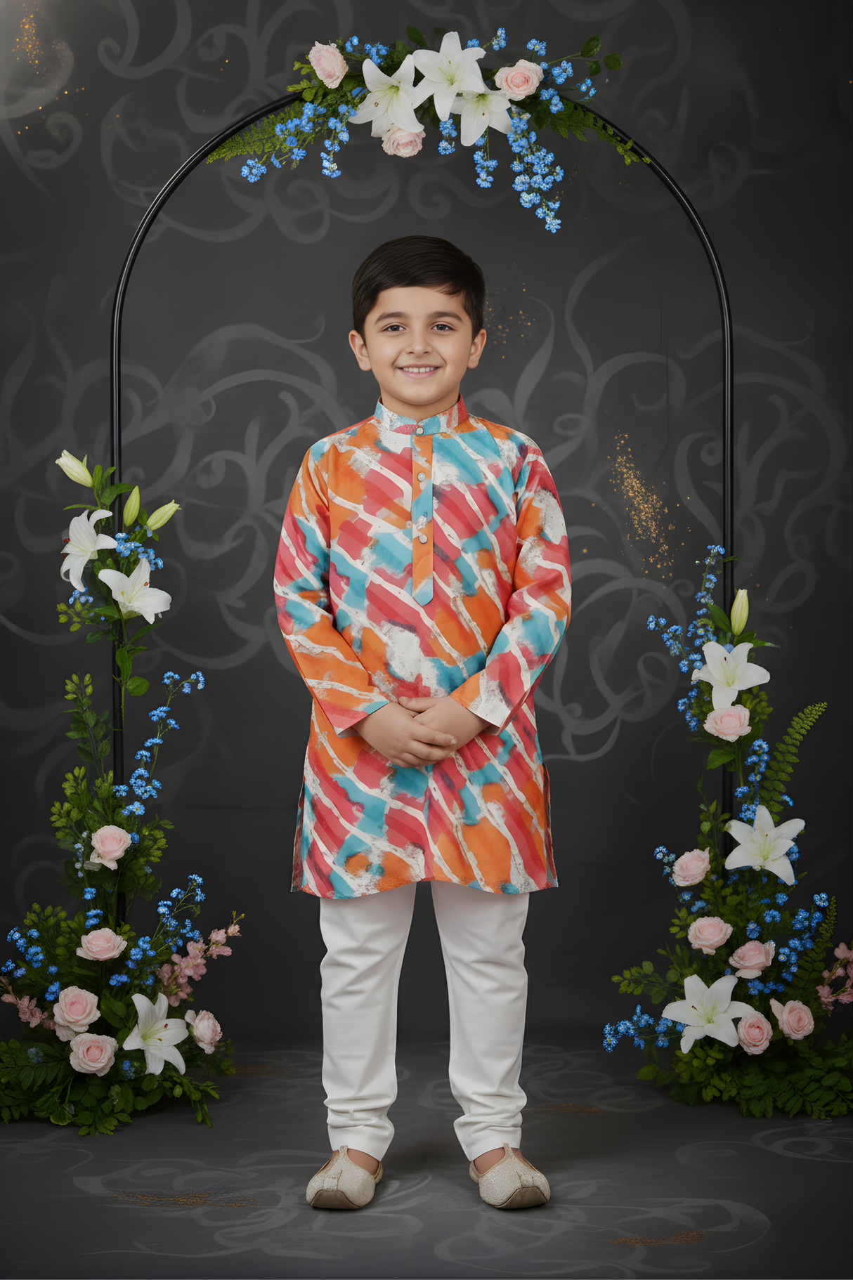 Boys' Orange Geometric Printed Kurta with White Dhoti Set