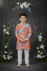 Boys' Orange Geometric Printed Kurta with White Dhoti Set