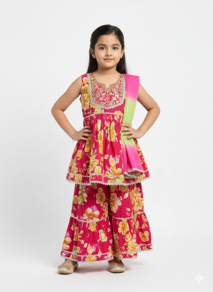 Full-length image of a young girl wearing a bright rani pink floral-printed ethnic set with an embroidered sleeveless peplum top, tiered gharara pants, and a pink-to-green ombre dupatta.