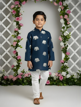 Boys' Navy Blue Kurta Pyjama Set with Embroidered Elephant Motifs