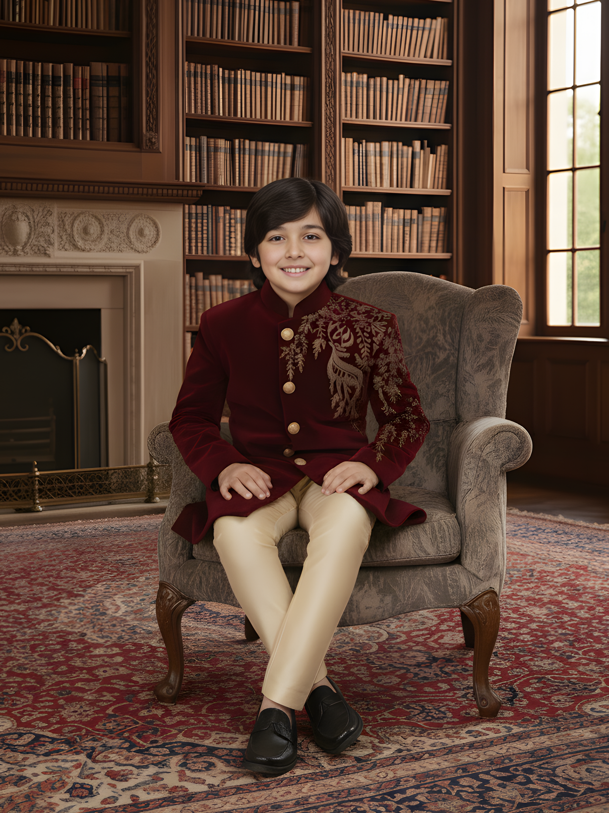 Boys' Maroon Velvet Indo-Western Sherwani with Gold Embroidery and Silk Trousers