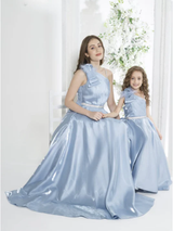 Girls Party Plain Satin Western Gown With Work - Blue