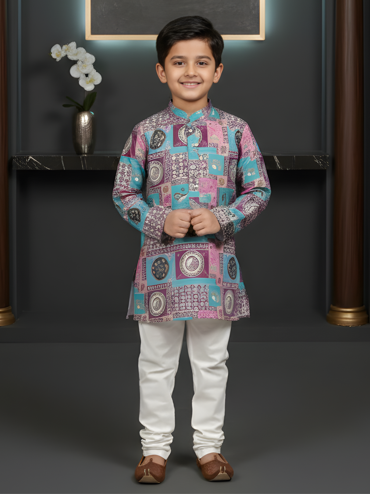 Boys Pink & Turquoise Geometric Print Kurta with White Pajama Set