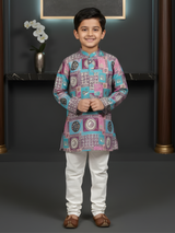 Boys Pink & Turquoise Geometric Print Kurta with White Pajama Set