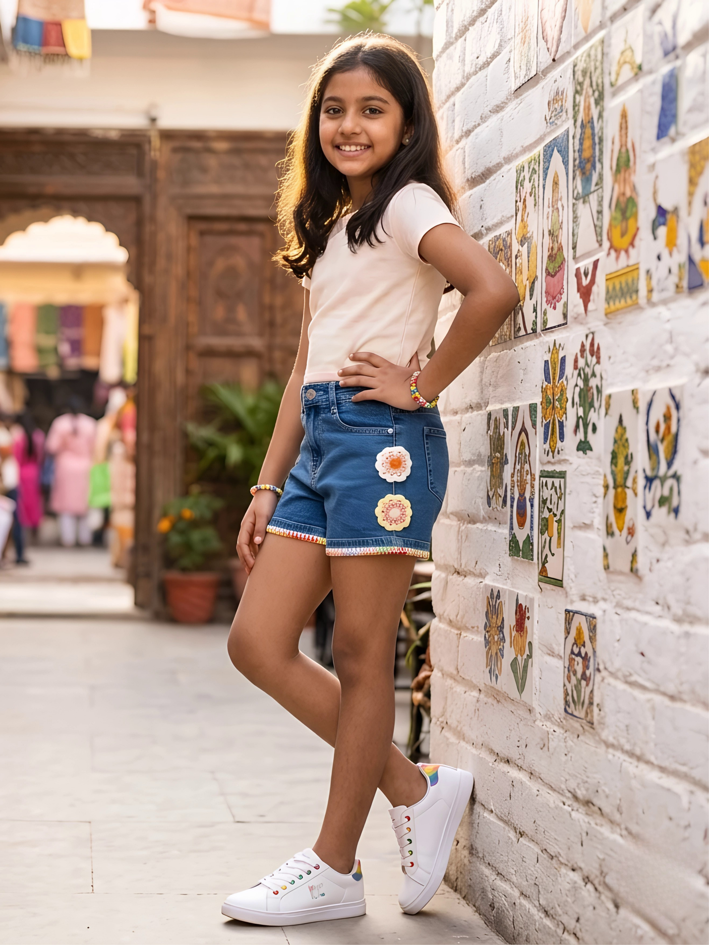 Girls' Floral Embroidered Blue Denim Shorts