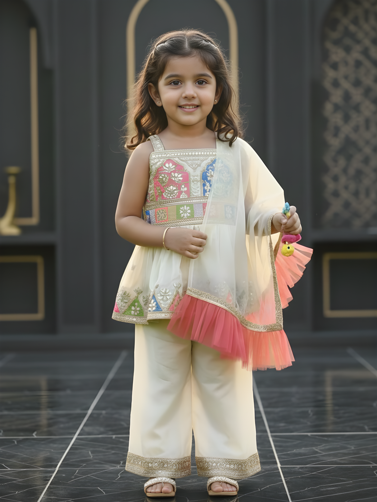 Girls Cream Embroidered Peplum Top and Pajama Set with Ruffled Dupatta