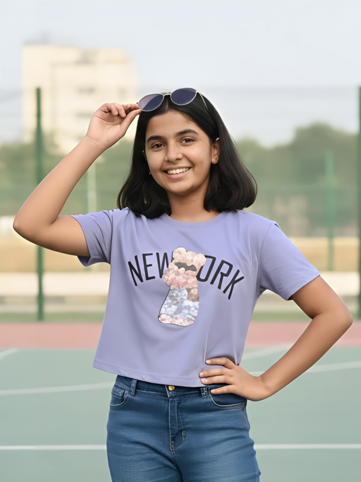 Girls Purple Graphic Print Crop Top