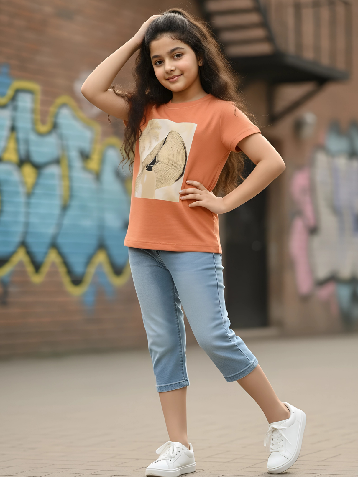 Girls' Burnt Orange Graphic Print Casual Top