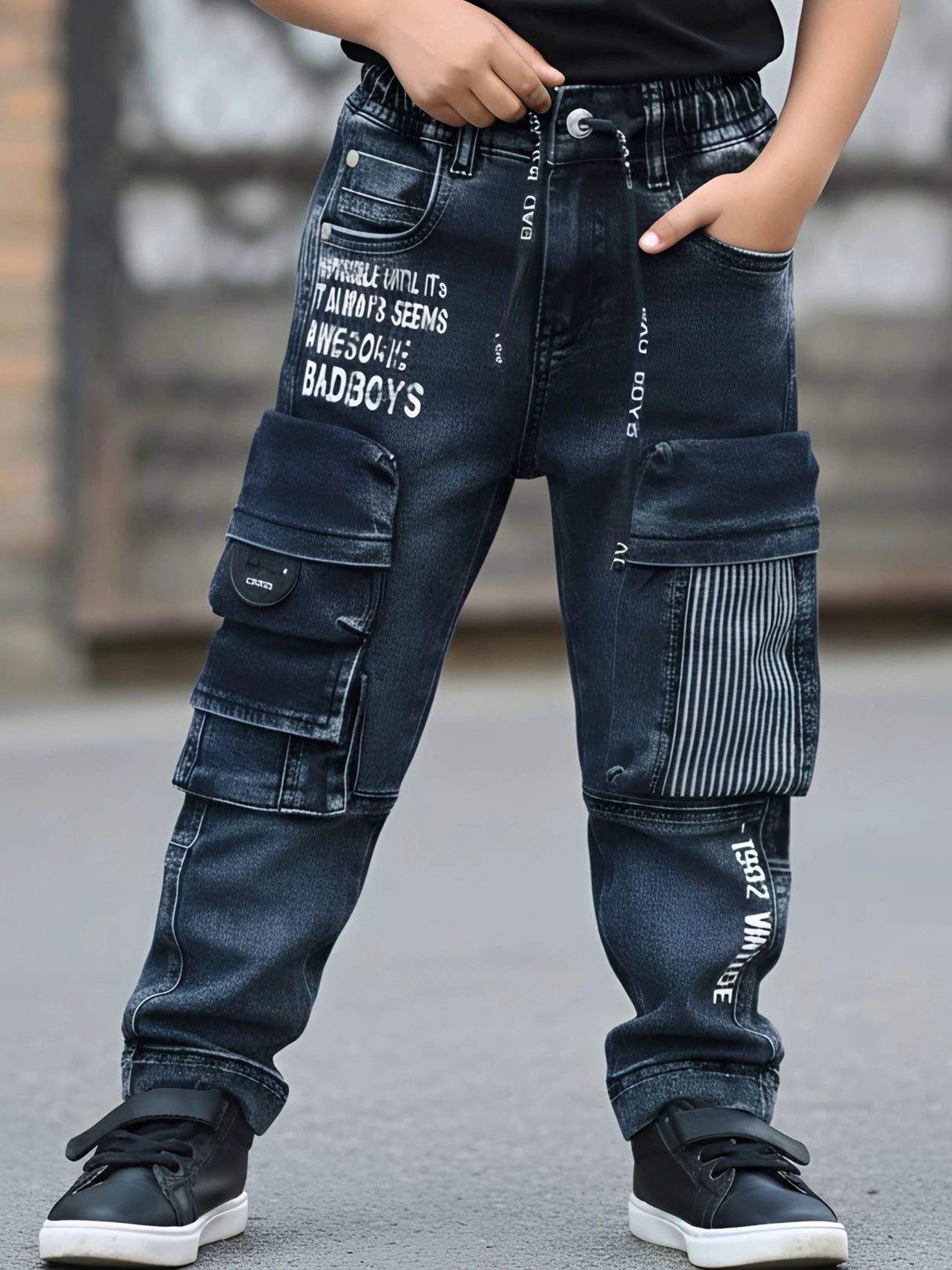 Boys Grey Graphic Print Multi-Pocket Cargo Jeans