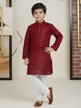 Boys' Maroon Sequin Embroidered Kurta with White Pyjama Set.