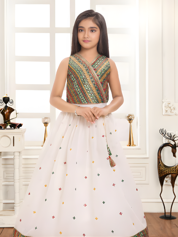 Girls' Festive White/Cream Skirt Set with Green and Gold Embroidered Choli Top