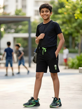 Boys' Tech-Stretch Active Shorts in Black with Neon Accents