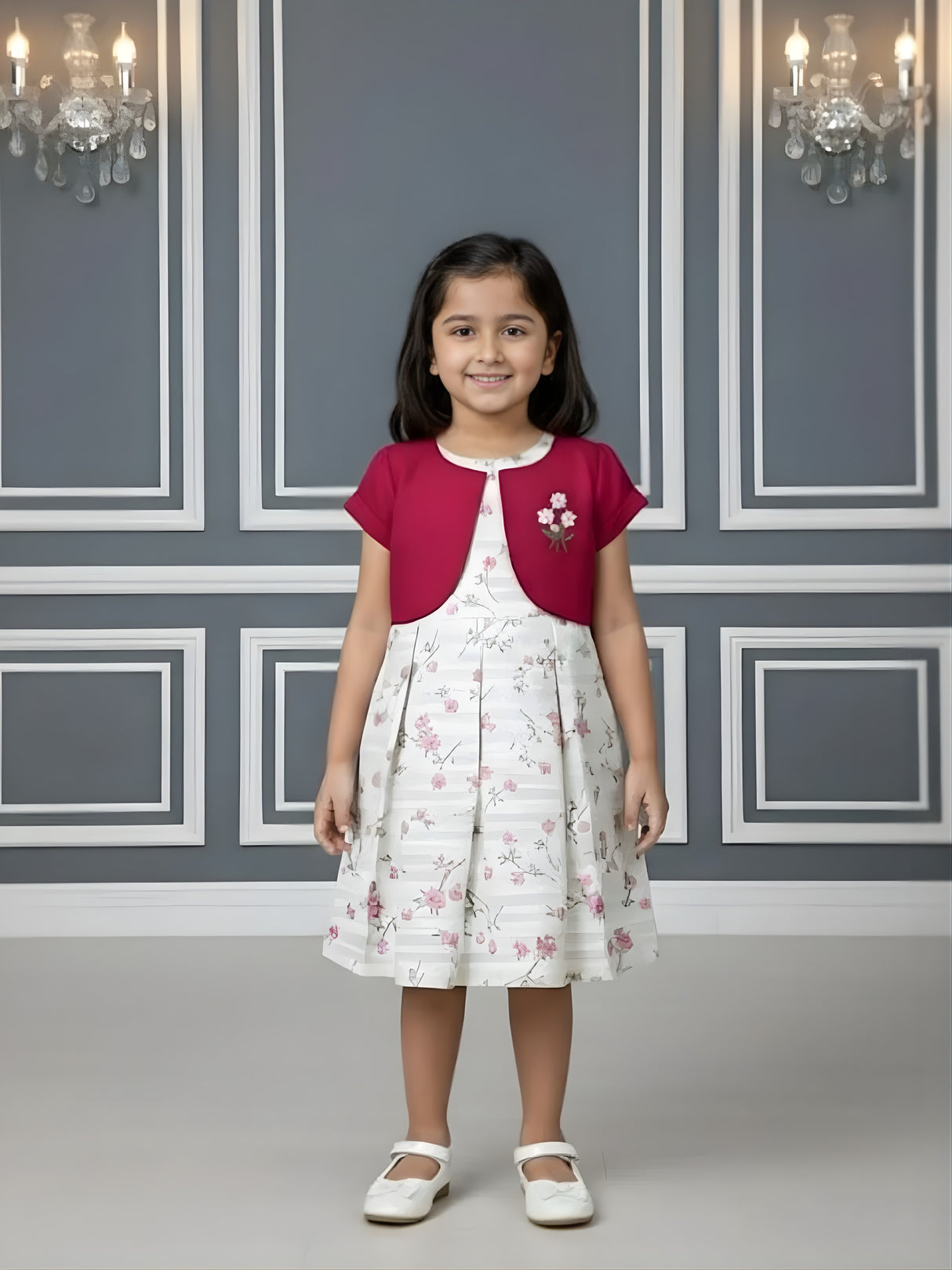 Girls' Pink Floral Print Frock with Magenta Bolero Jacket Set