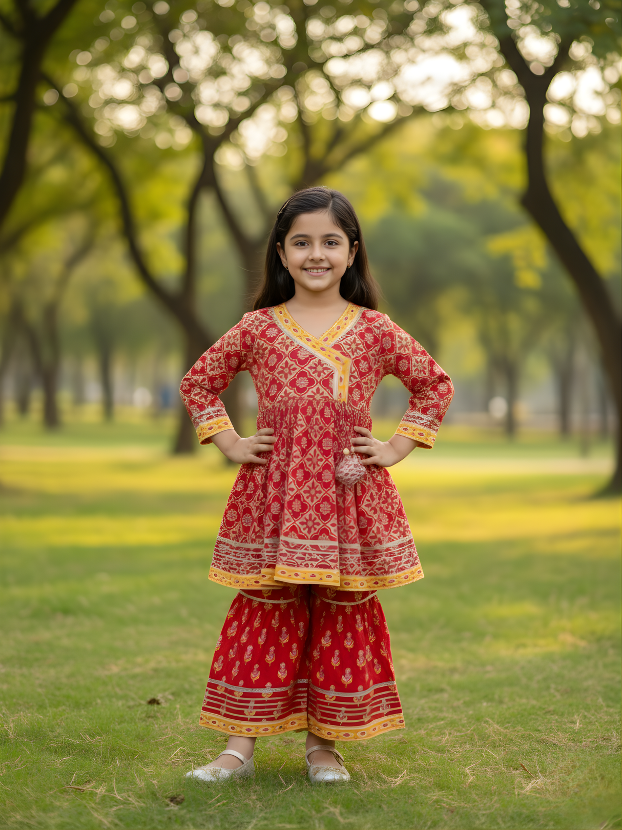 Girls Red & Gold Printed Sharara Set
