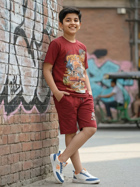 Boys Maroon Hip-Hop Graphic Printed Cotton Coordinate Set