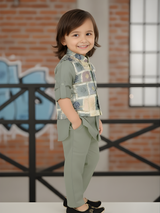 Boys' Sage Green Kurta Pajama Set with Multi-Color Patterned Waistcoat