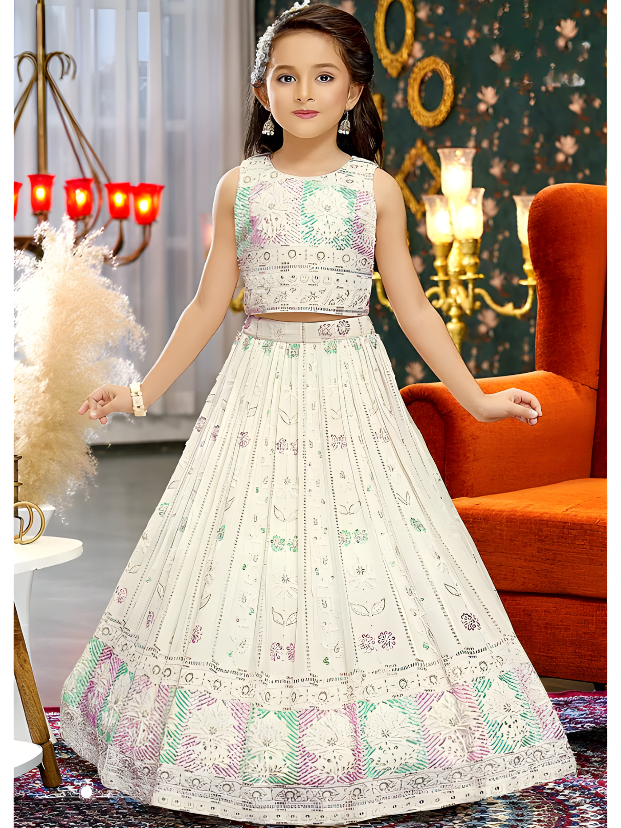 Girls' Grand Cream Traditional Print Lehenga