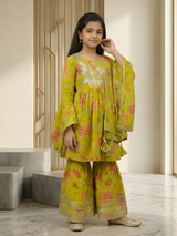 Girls Lime Green Floral Print Sharara Set with Dupatta