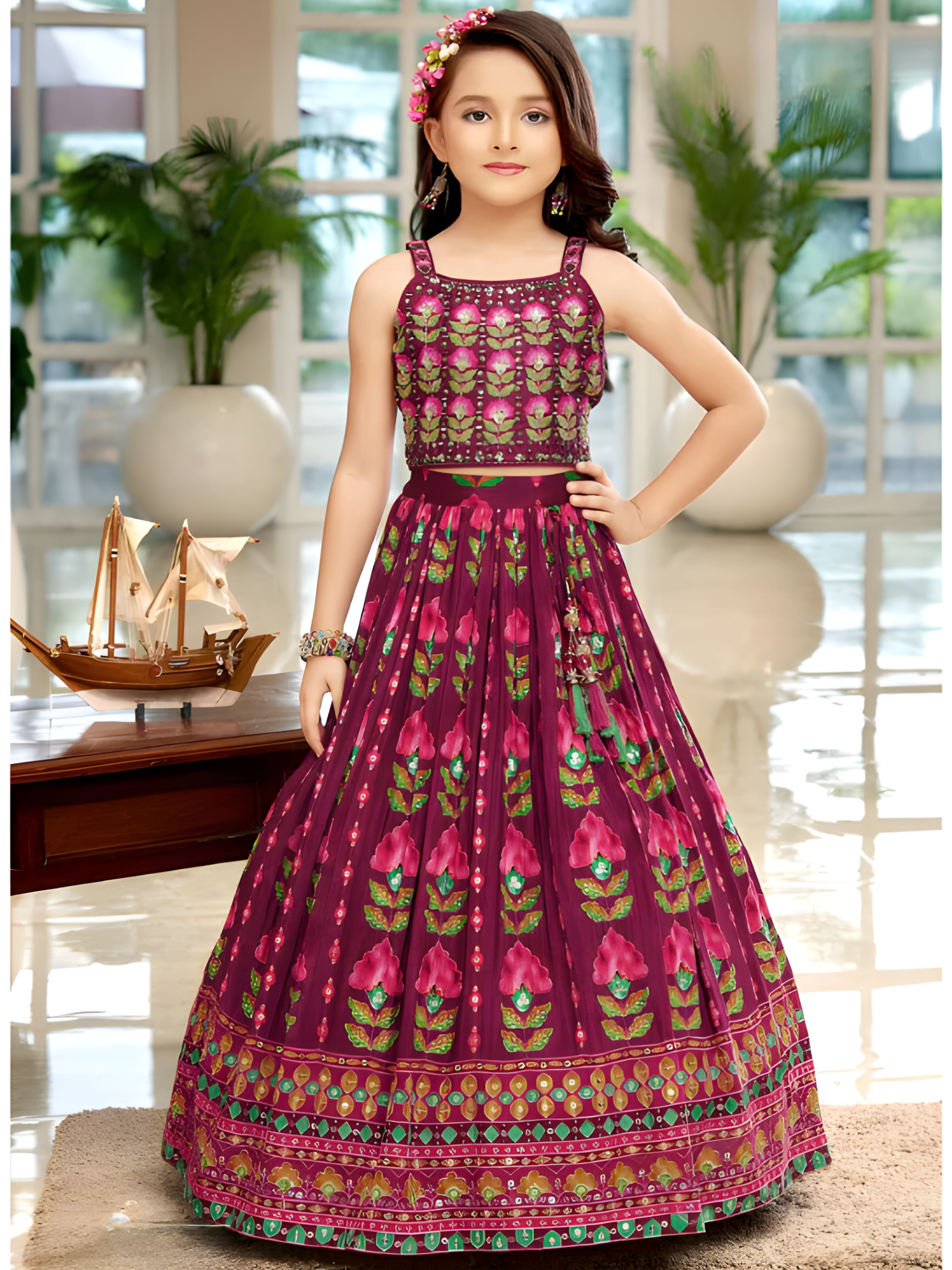 Girls Traditional Sleeves Less Long Choli - Purple